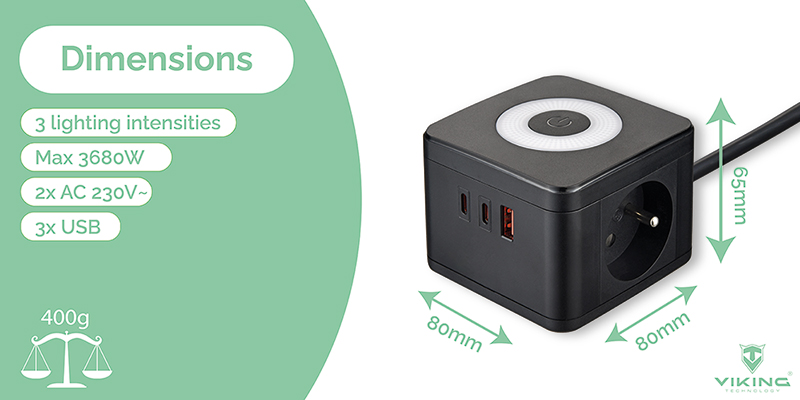 Viking maitinimo adapteris YC23L, 2x 230 V, 1x USB-A, 2x USB-C, jutiklinis šviestuvas, ilgis 1,4 m, juodas aprašymas - Prekės nuotrauka