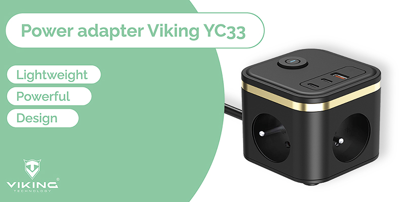 Viking maitinimo adapteris YC33, 3x 230 V, 1x USB-A, 2x USB-C, ON/OFF mygtukas, ilgis 1,4 m, juodas aprašymas - Prekės nuotrauka