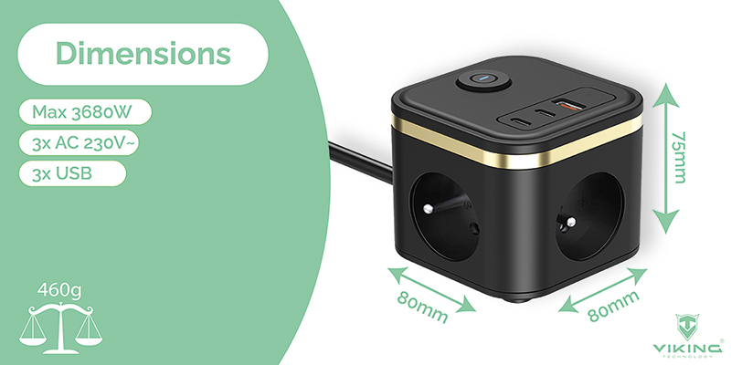 Viking maitinimo adapteris YC33, 3x 230 V, 1x USB-A, 2x USB-C, ON/OFF mygtukas, ilgis 1,4 m, juodas aprašymas - Prekės nuotrauka