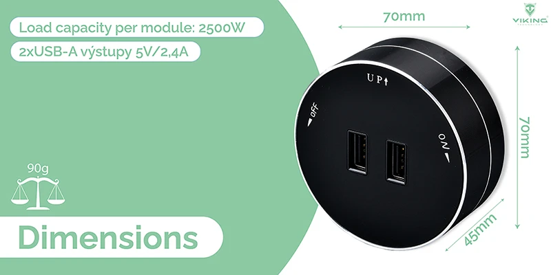 Viking lizdo modulis A50, 2x USB-A, sidabrinė aprašymas - Prekės nuotrauka