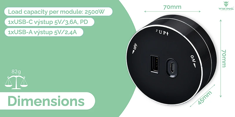 Viking Viking zásuvkový modul A60, 1x USB-A, 1x USB-C, PD, stříbrno-juoda aprašymas - Prekės nuotrauka