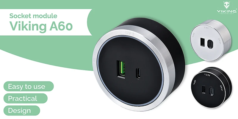 Viking Viking zásuvkový modul A60, 1x USB-A, 1x USB-C, PD, stříbrno-juoda aprašymas - Prekės nuotrauka