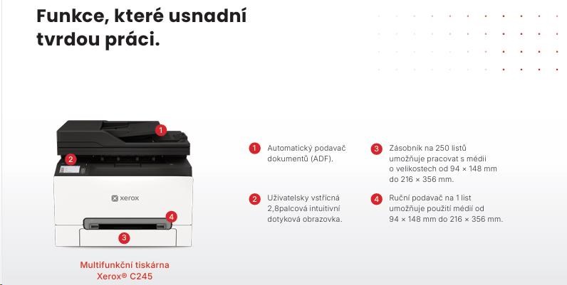 Xerox C245, spalvinis lazerinis multifunkcinis įrenginys, A4, 25 ppm, dvipusis spausdinimas, ADF, WiFi/USB/Ethernet, 1 GB RAM, Apple AirPrint aprašymas - Prekės nuotrauka