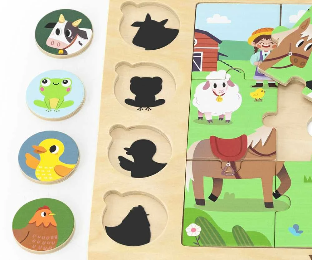 Viga Toys Mediniai dėlionės puzzle VIGA Atspėk iš šešėlio ferma 17 detalių