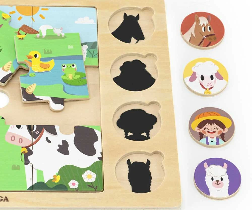 Viga Toys Mediniai dėlionės puzzle VIGA Atspėk iš šešėlio ferma 17 detalių