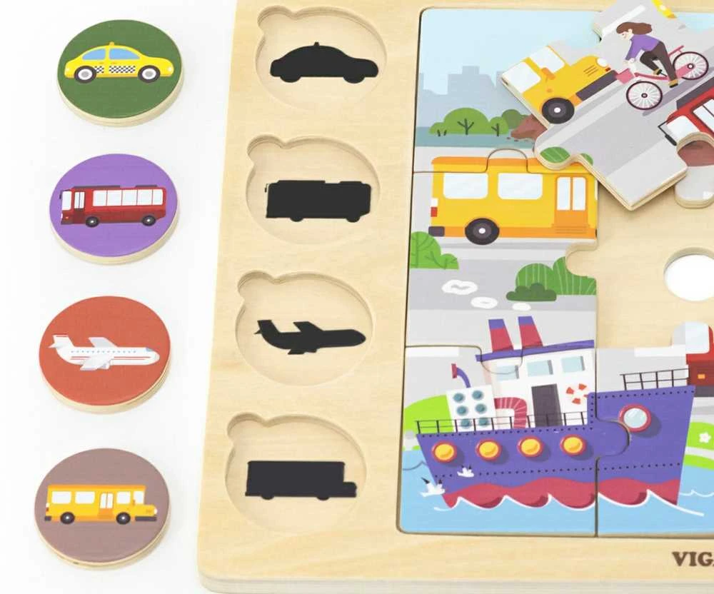 Viga Toys VIGA Medinė Dėlionė Spėk pagal Šešėlį - Transporto Priemonės 17 el.