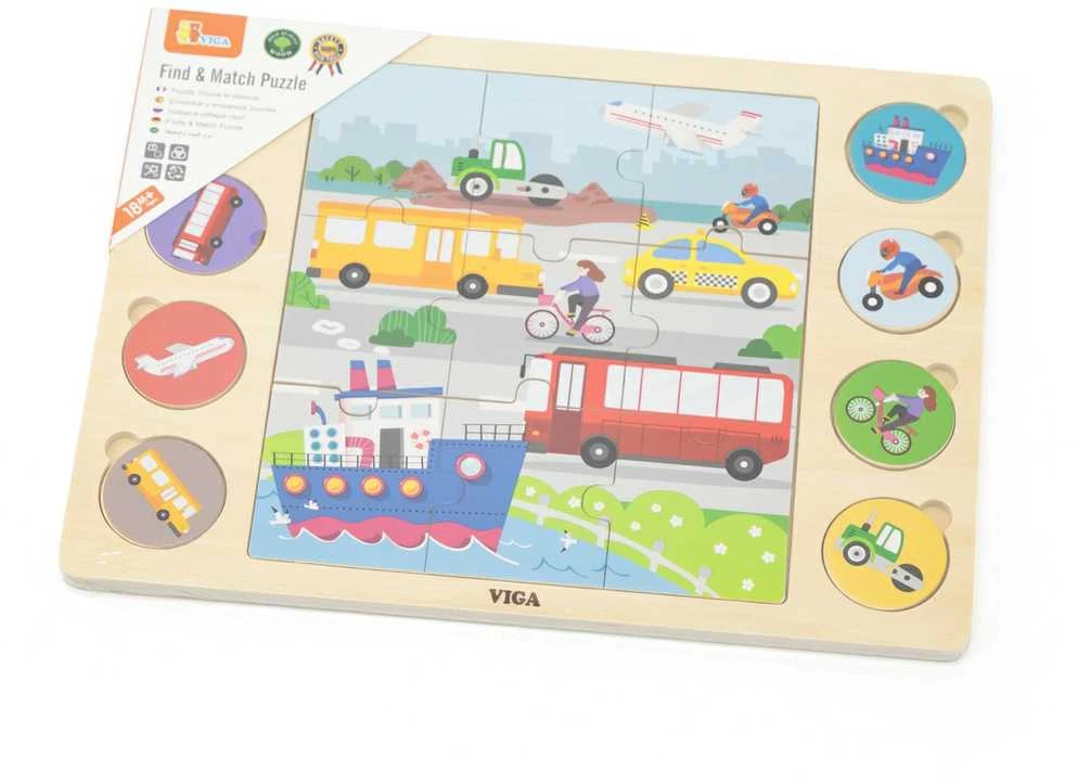 Viga Toys VIGA Medinė Dėlionė Spėk pagal Šešėlį - Transporto Priemonės 17 el.