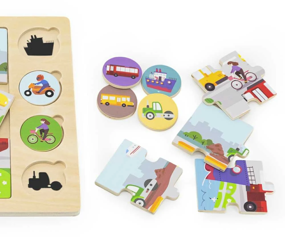 Viga Toys VIGA Medinė Dėlionė Spėk pagal Šešėlį - Transporto Priemonės 17 el.