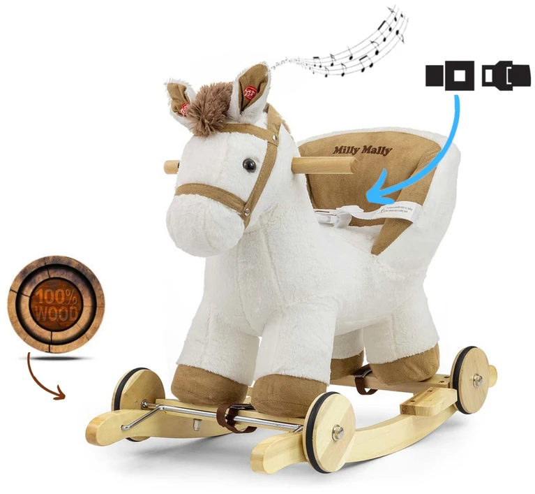 Milly Mally Polly baltas supamas arkliukas su melodija ir ratukais