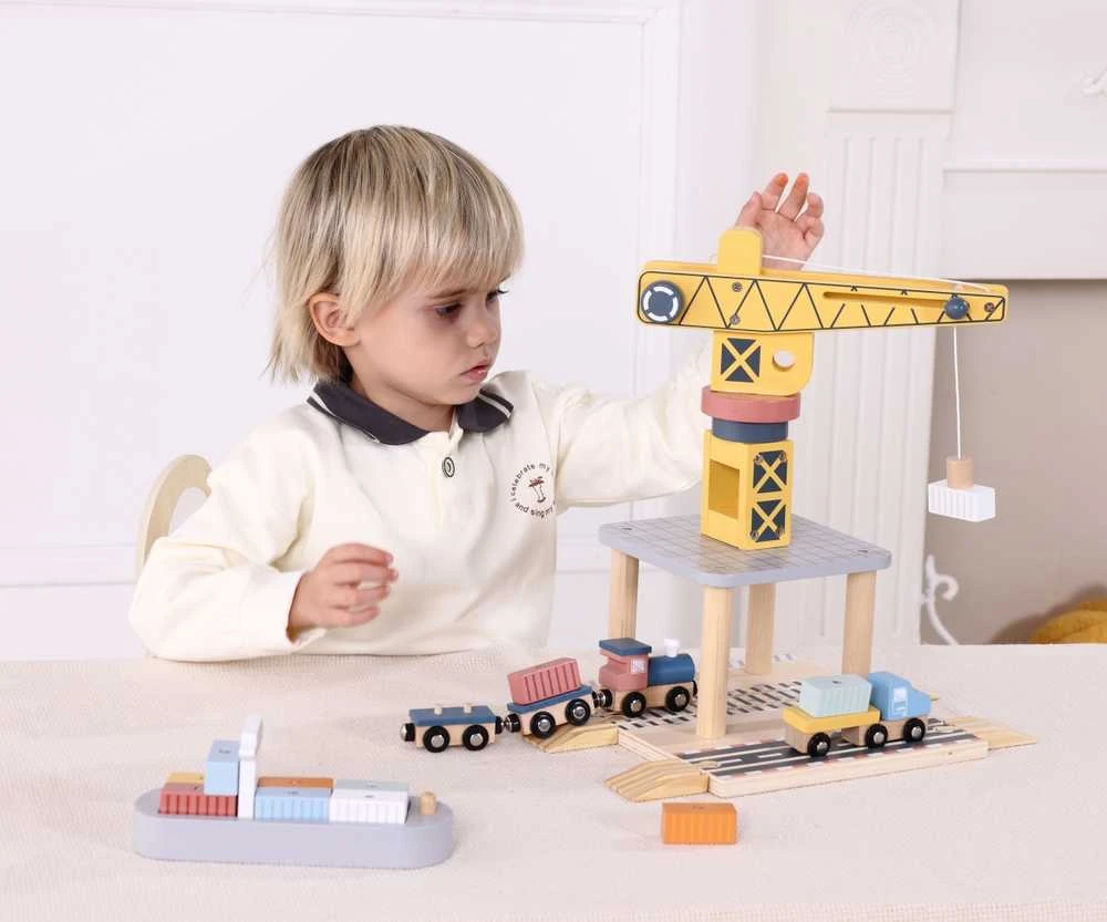 Tooky Toys TOOKY TOY medinis uosto kranas su transporto priemonėmis