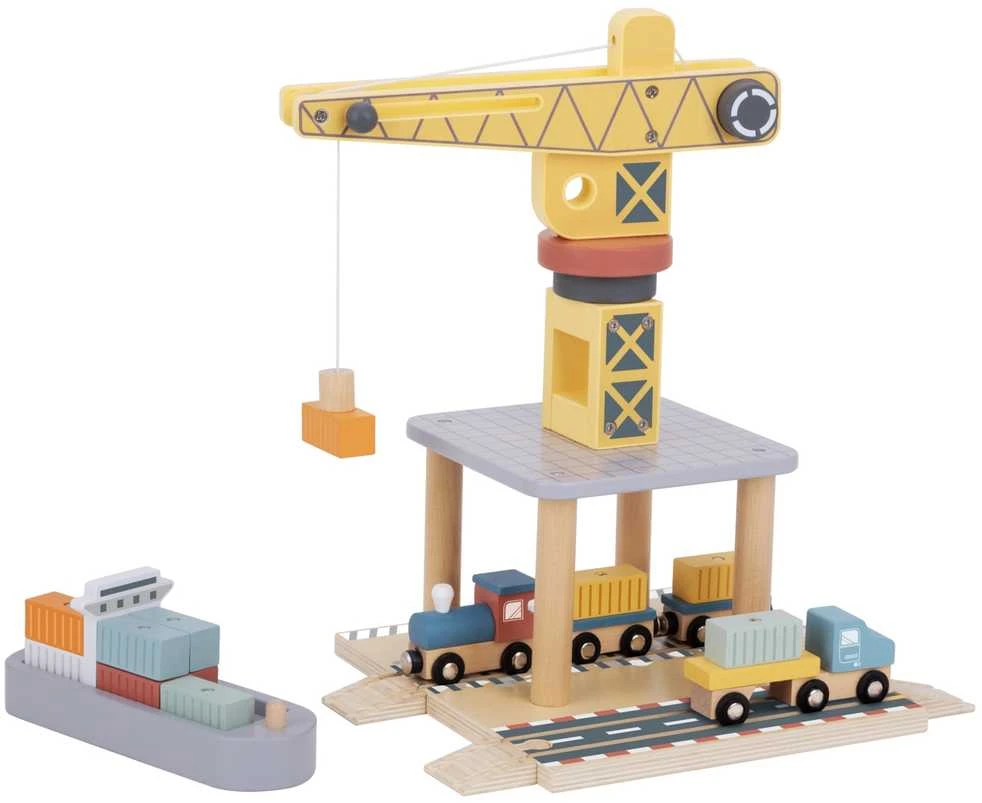 Tooky Toys TOOKY TOY medinis uosto kranas su transporto priemonėmis