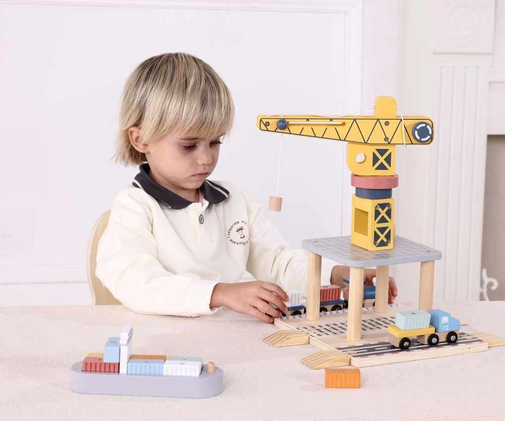 Tooky Toys TOOKY TOY medinis uosto kranas su transporto priemonėmis