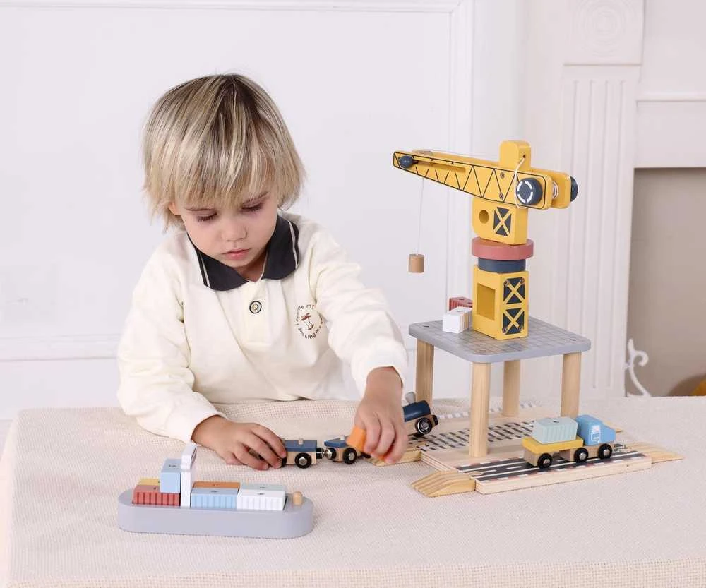 Tooky Toys TOOKY TOY medinis uosto kranas su transporto priemonėmis