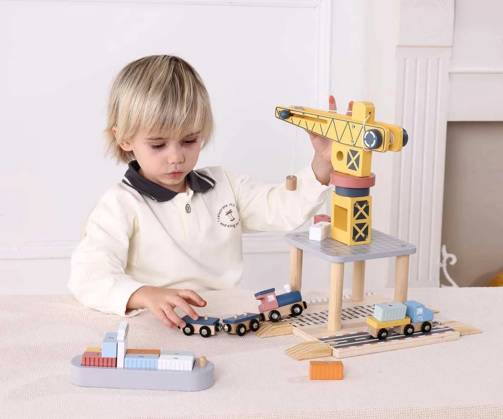 Tooky Toys TOOKY TOY medinis uosto kranas su transporto priemonėmis