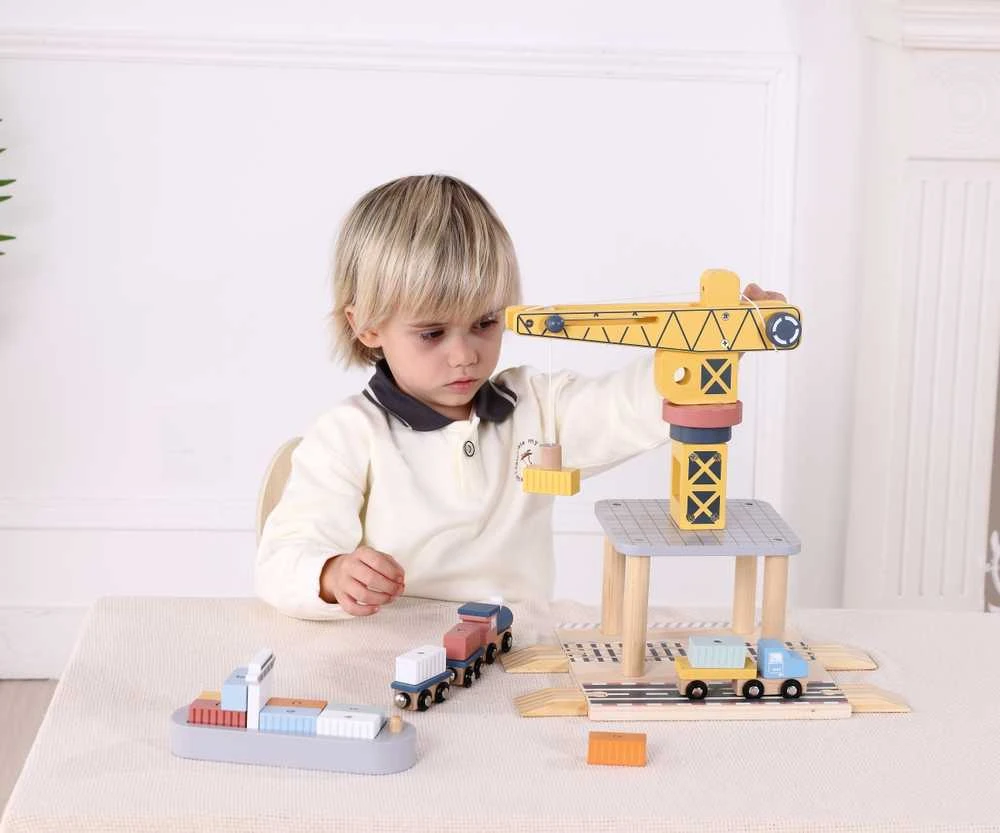 Tooky Toys TOOKY TOY medinis uosto kranas su transporto priemonėmis