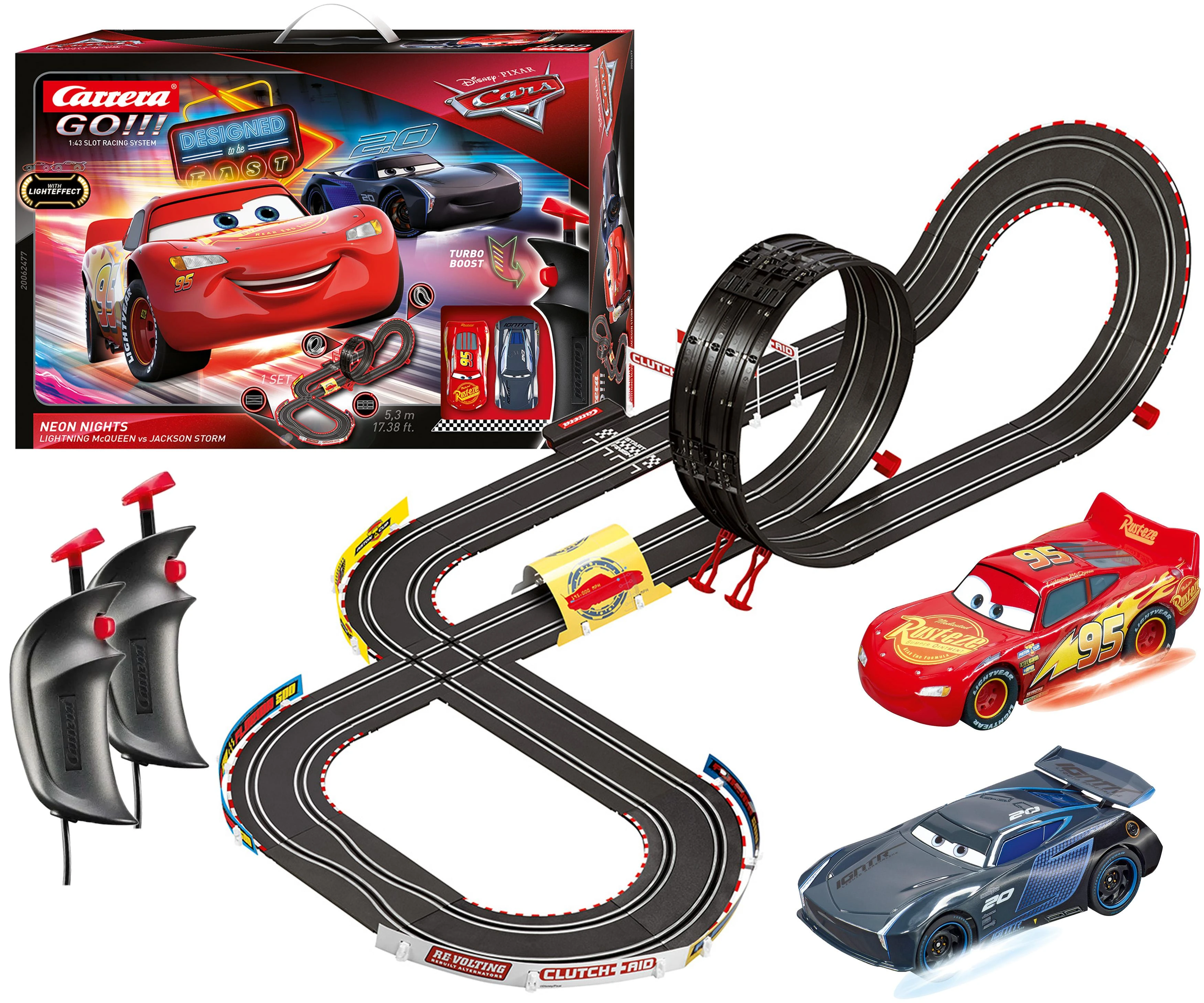Milly Mally Carrera Go Cars – Neon Nights 5,3 m trasos rinkinys su nuotolinio valdymo automobiliukais