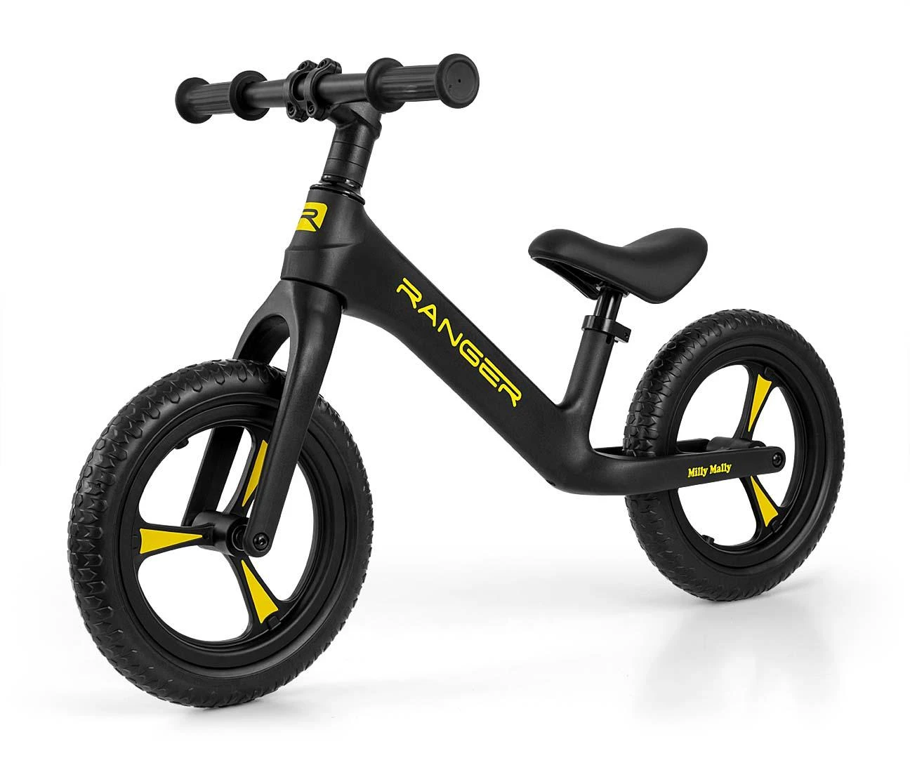 Milly Mally Ranger dviratis be pedalų, juodas su geltonomis detalėmis