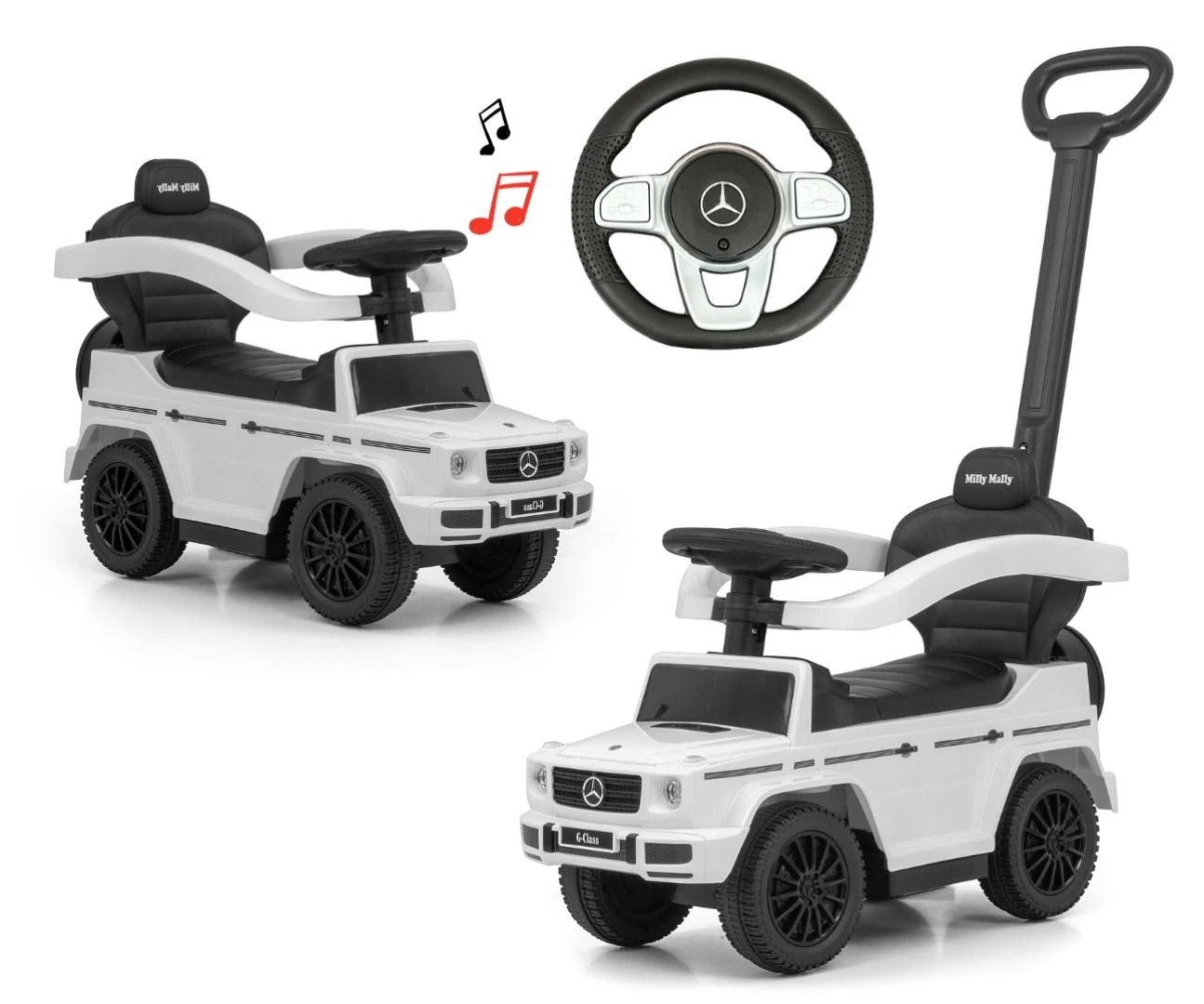 Paspirtukas su vairavimo rankena MERCEDES G350d Milly Mally baltas