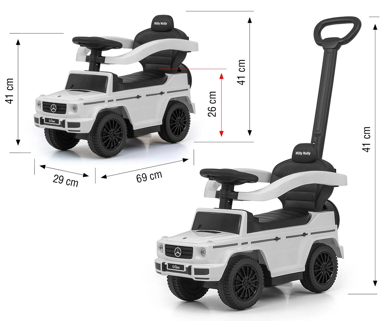 Paspirtukas su vairavimo rankena MERCEDES G350d Milly Mally baltas