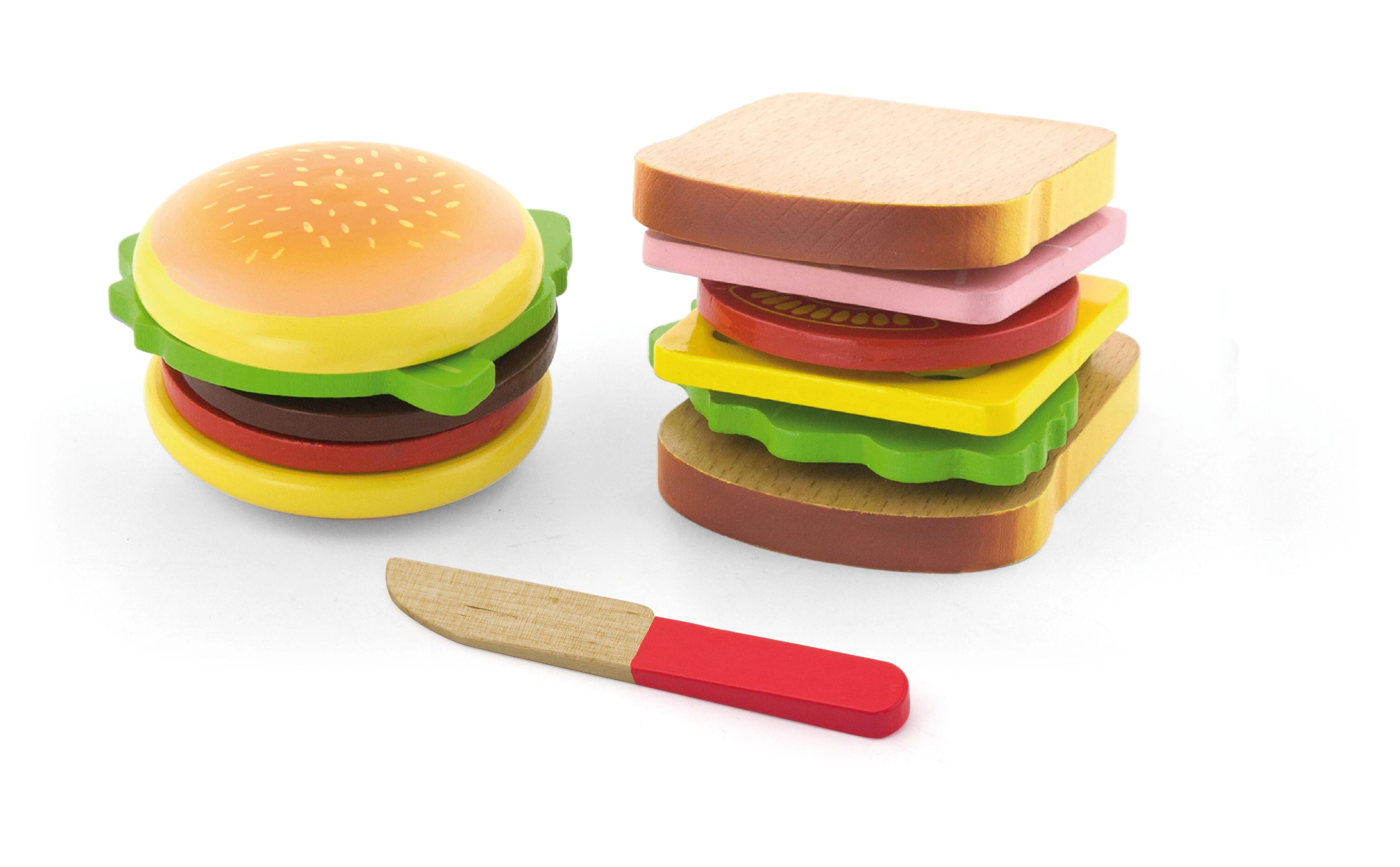 Viga Žaislas - Virtuvės įranga - Pjaustymo rinkinys su hamburgeriu ir sumuštiniu
