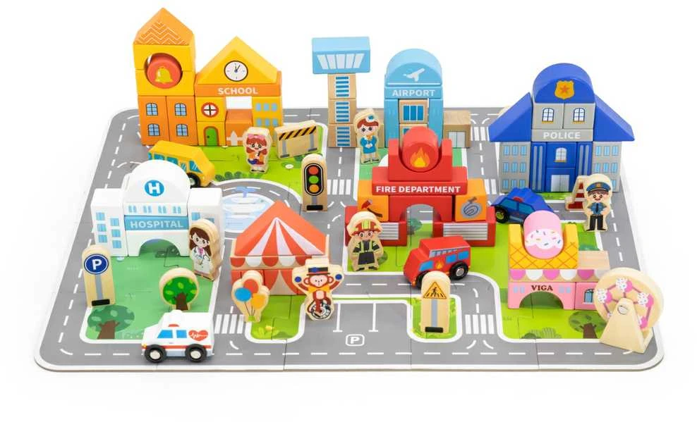 Viga Toys Viga Medinis Miesto Statybos Rinkinys Su Dėžute