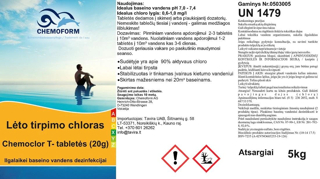 Chemoform Lėto tirpimo chloras Chemoclor T- tabletės (20g), 5kg