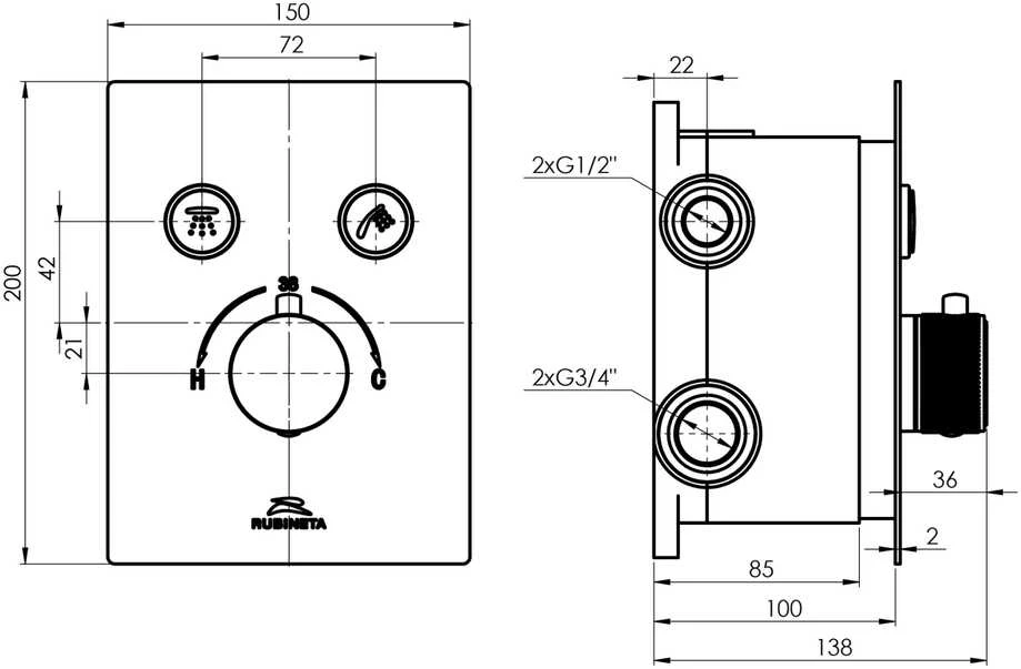 Potinkinė dušo sistema Rubineta THERMO-2F-OLO (SQ) - Chromas