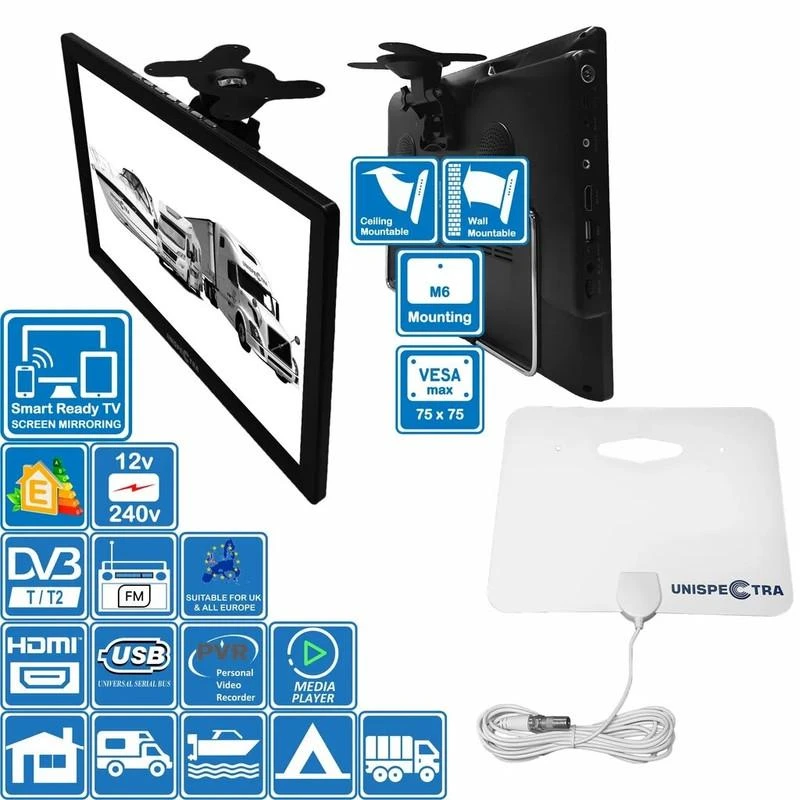 Televizorius Unispectra 19" Mini home/travel TV HD LED TV, 19" (~47 cm) + Screen Mirroring