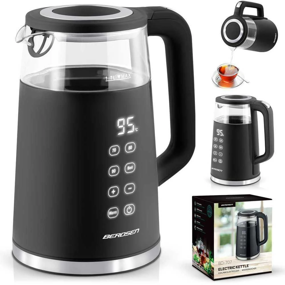 Berdsen BD-707 elektrinis virdulys 1,7 l su temperatūros valdymu ir jutikliniu ekranu, juodas