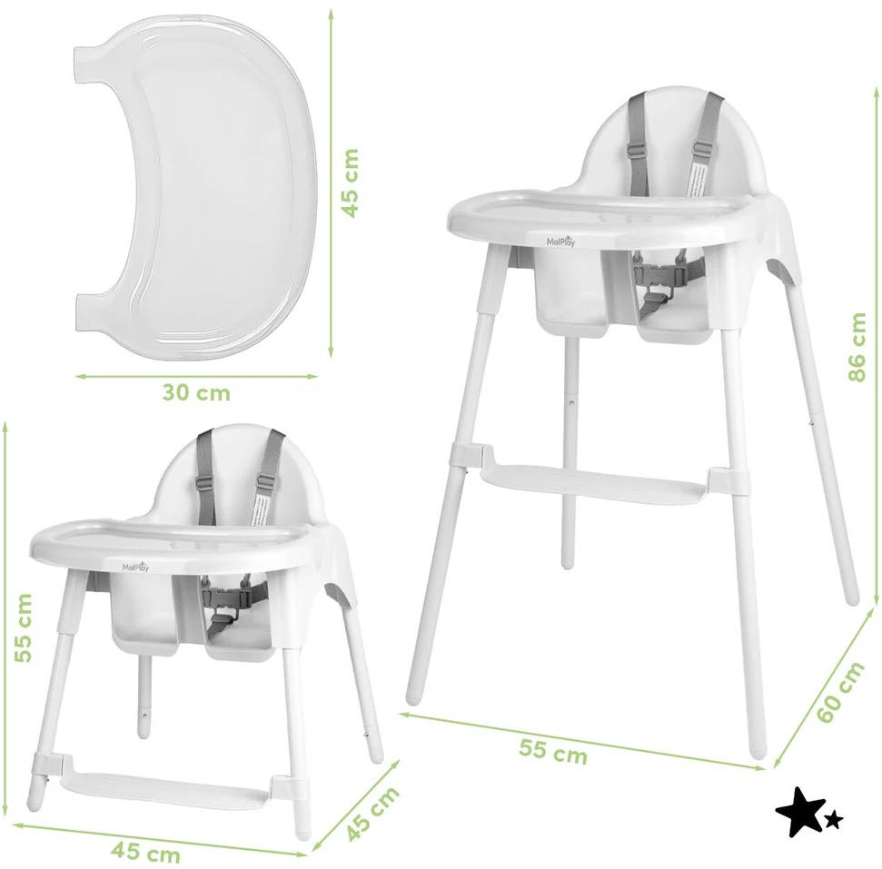 Malplay Maitinimo kėdutė KERI su pakoja, padėklu, dirželiais, 30 kg. Baltos spalvos