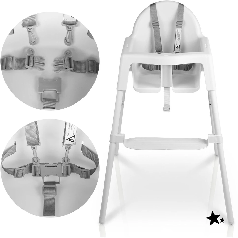Malplay Maitinimo kėdutė KERI su pakoja, padėklu, dirželiais, 30 kg. Baltos spalvos