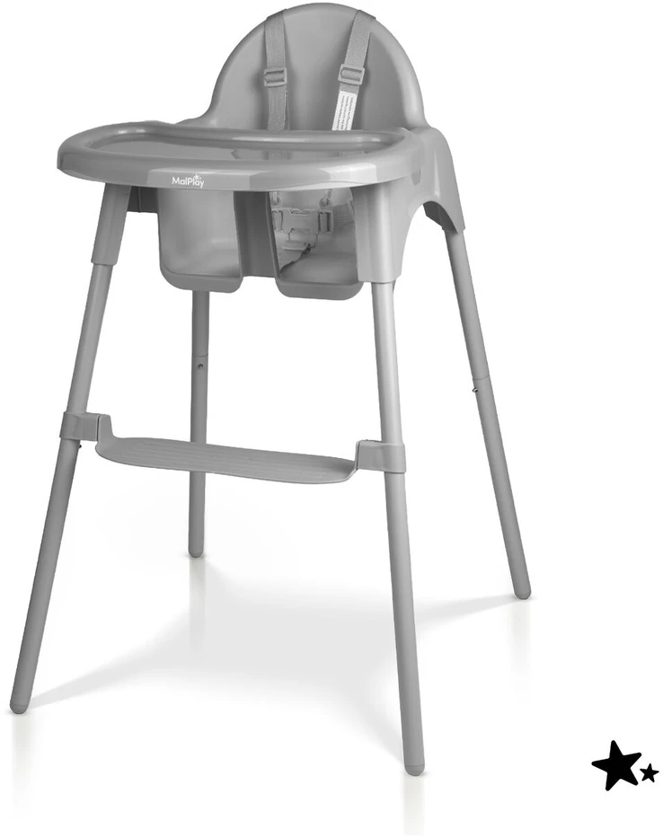 Malplay Maitinimo kėdutė KERI su pakoja, padėklu, dirželiais, 30 kg. Pilkos spalvos