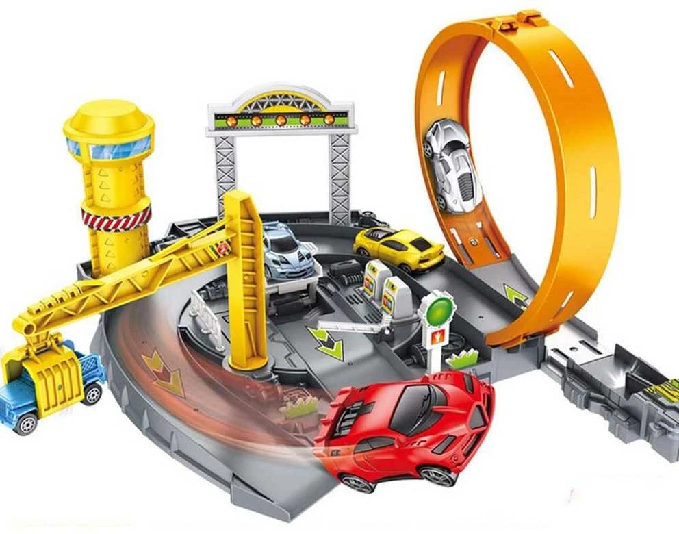 Malplay Automobilių paleidimo trasa ir stovėjimo aikštelė su 4 automobiliais