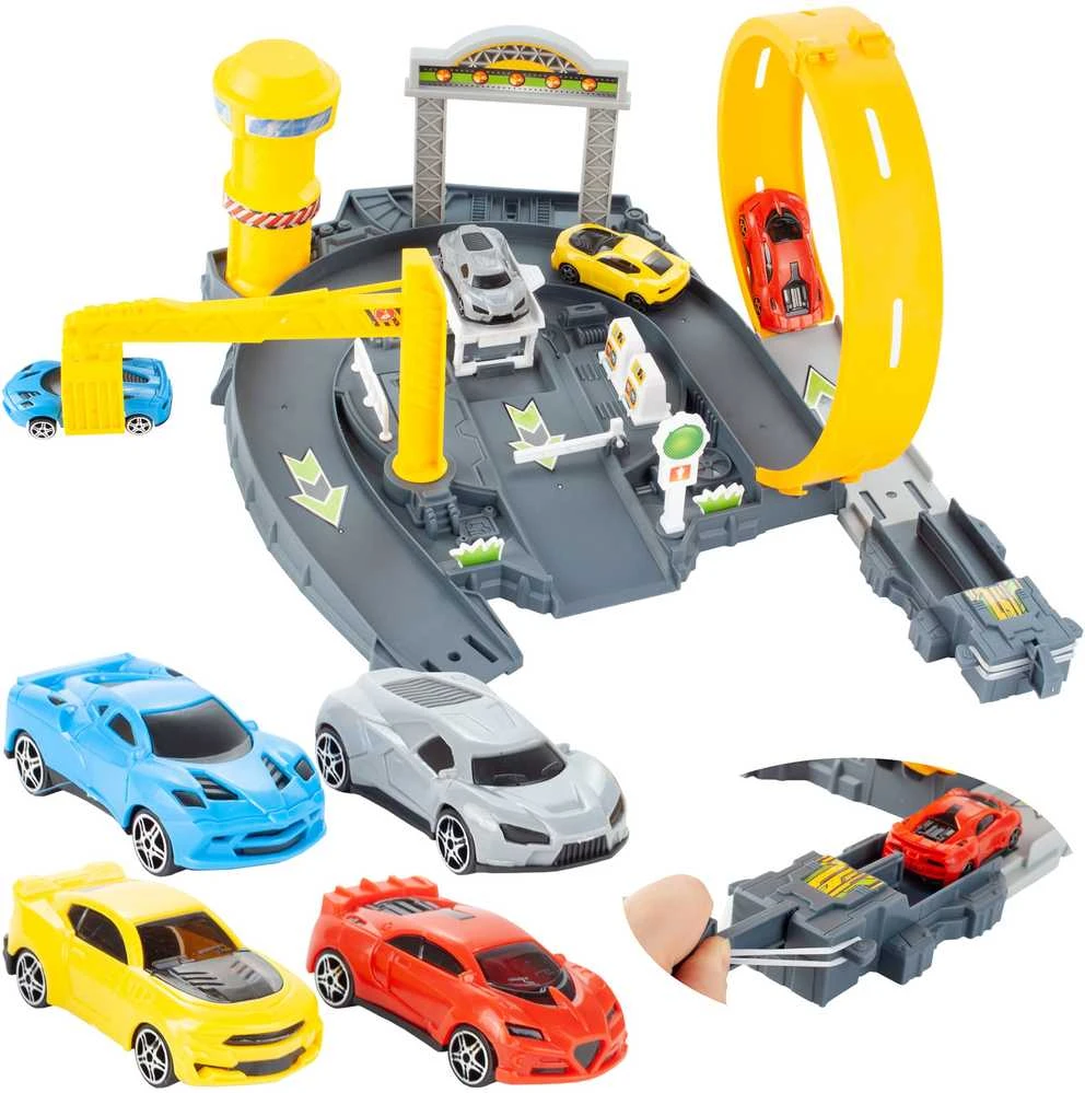 Malplay Automobilių paleidimo trasa ir stovėjimo aikštelė su 4 automobiliais
