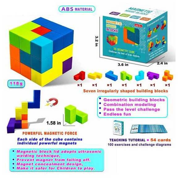 Malplay Magnetinių 3D kaladėlių dėlionė kubas su kortelėmis