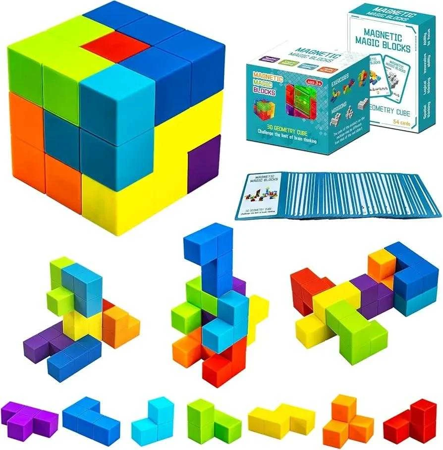 Malplay Magnetinių 3D kaladėlių dėlionė kubas su kortelėmis