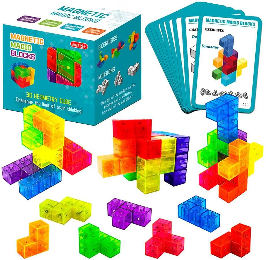 Malplay Magnetinių 3D kaladėlių dėlionė kubas su kortelėmis