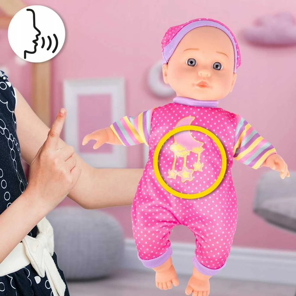 Malplay Interaktyvi kalbanti Lėlė kūdikis su maitinimo buteliuku, 34 cm