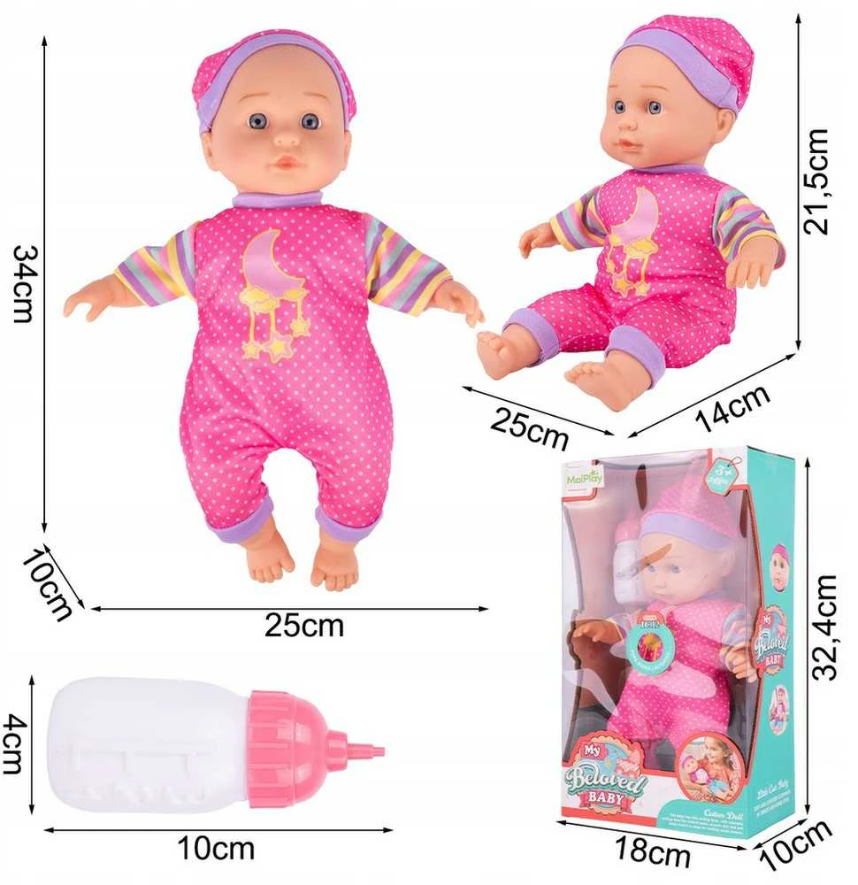 Malplay Interaktyvi kalbanti Lėlė kūdikis su maitinimo buteliuku, 34 cm
