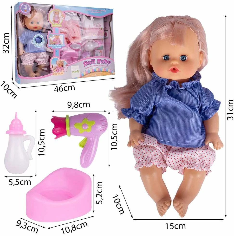 Malplay Interaktyvi lėlė kūdikis su priedais, 31 cm