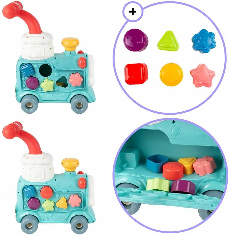 Malplay Interaktyvus paspiriamas traukinukas - stumdukas kūdikiams su dėže žaislams 5in 1