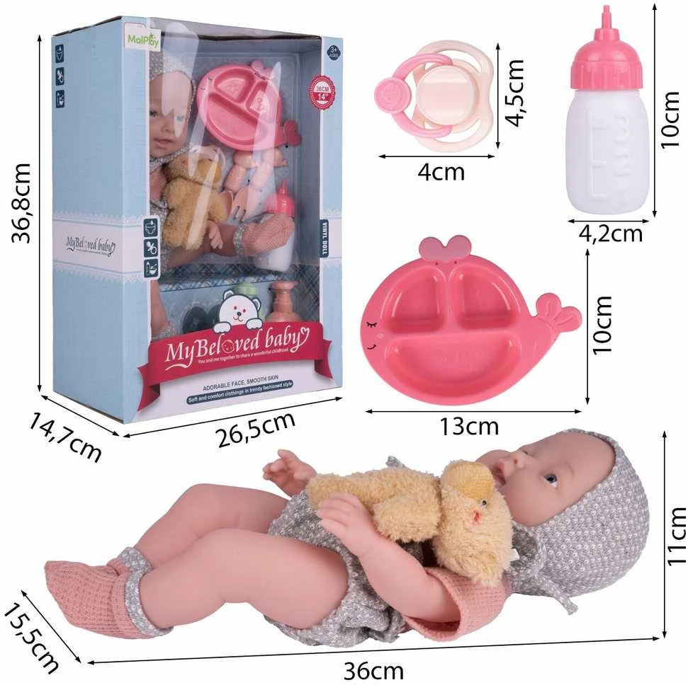 Malplay Lėlė kūdikis su priedais ir meškiuku 36 cm
