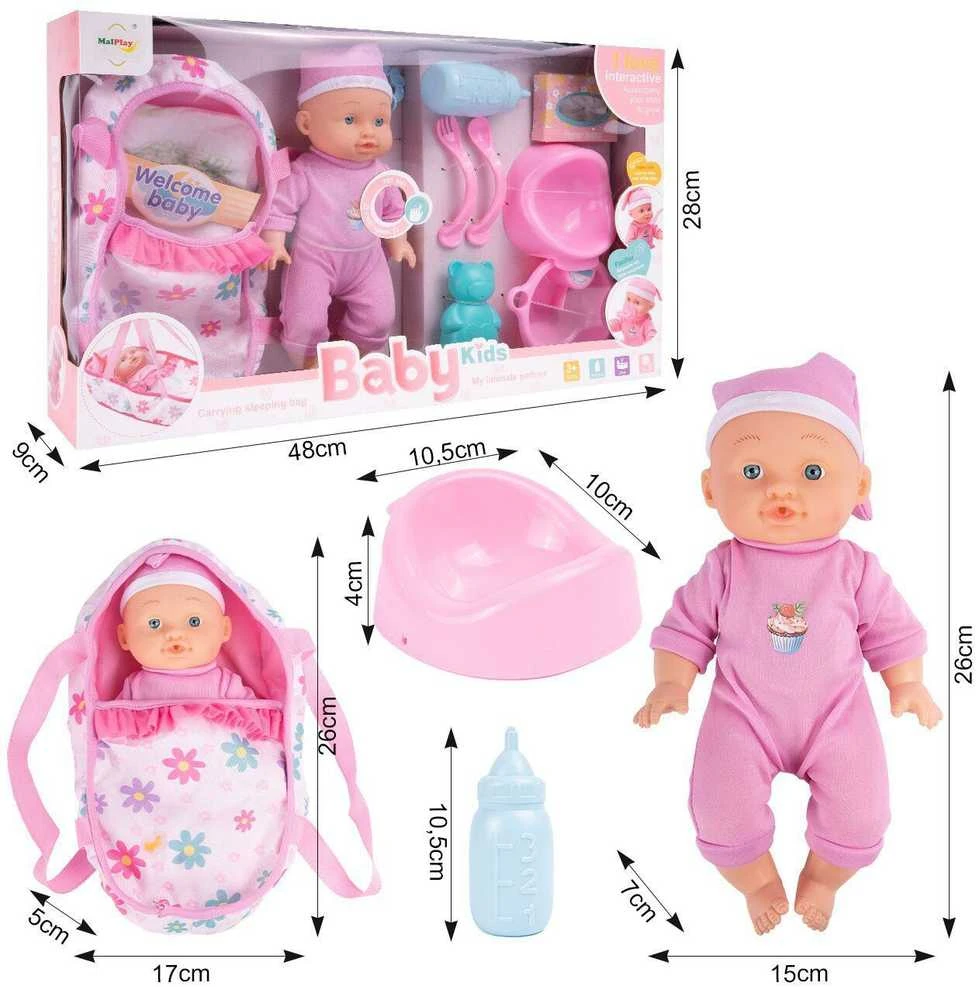 Malplay Lėlė su nešykle ir priedais, geria, šlapinasi, 26 cm
