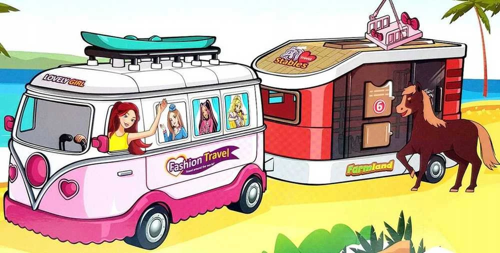 Malplay Lėlių autobusas - kemperis su atidaroma priekaba ir figūrėlėmis