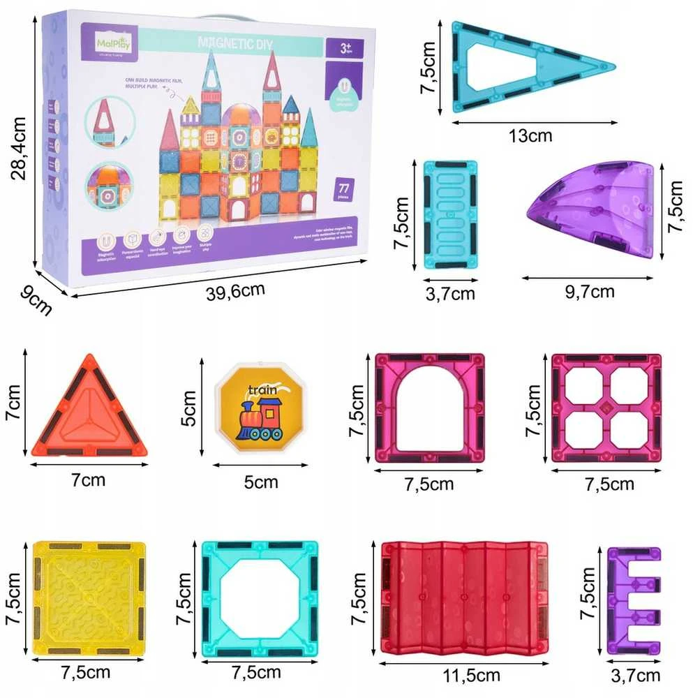 Malplay Magnetinis konstruktorius „Magnetic Tiles”, 77 detalių
