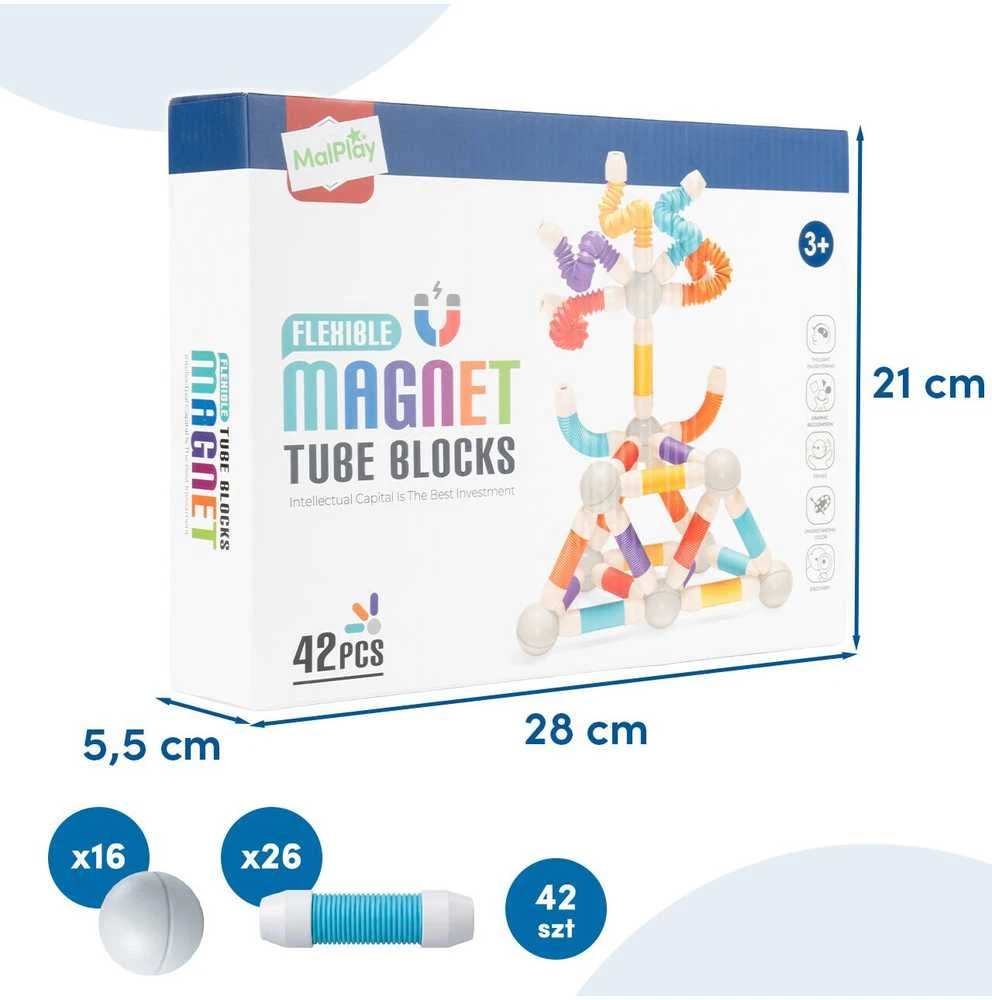 Malplay Magnetinis vamzdelių konstruktorius, 42 dalys, lanksti 3D konstrukcija