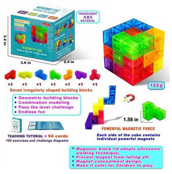 Malplay Magnetinių 3D kaladėlių dėlionė kubas su kortelėmis