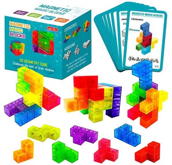 Malplay Magnetinių 3D kaladėlių dėlionė kubas su kortelėmis