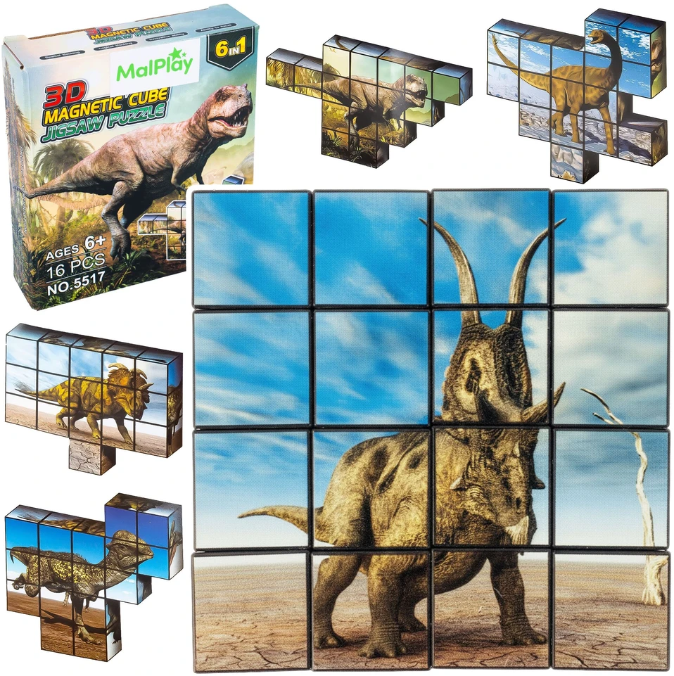Malplay Magnetiniai 3D dėlionės kubeliai, dinozaurai, 16 detalių vaikams