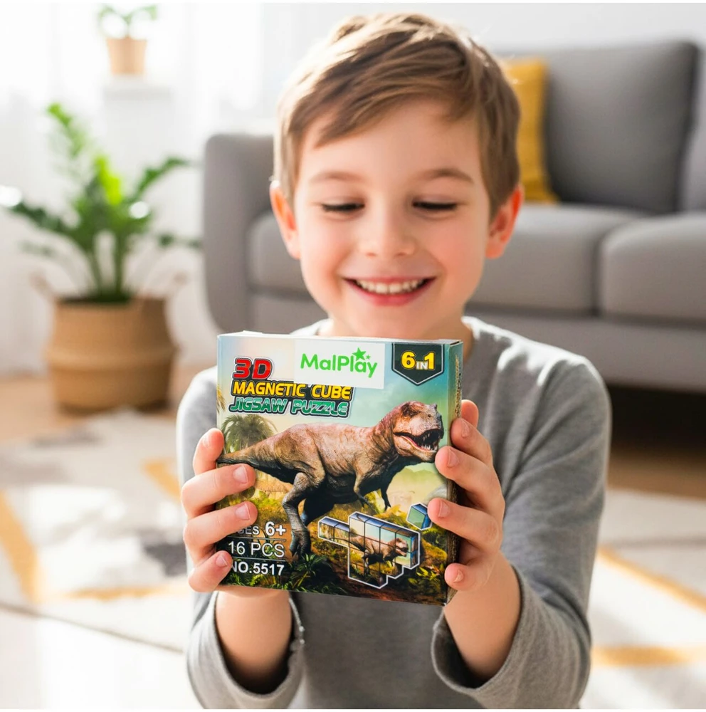 Malplay Magnetiniai 3D dėlionės kubeliai, dinozaurai, 16 detalių vaikams
